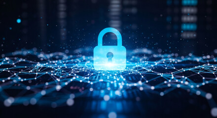 A glowing blue padlock hovers above a network of interconnected nodes on a dark blue background