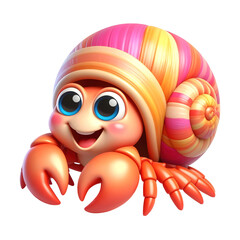 A cheerful, cartoonish hermit crab, rendered in vivid colors, with large expressive eyes, and a vibrant striped shell, isolated on a transparent background.