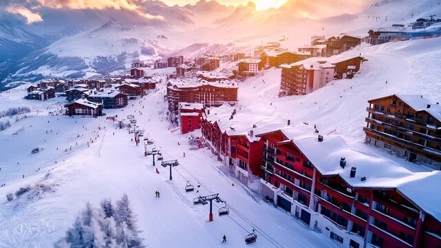 Aerial view of a snowcovered ski resort during sunset with mountains in the background.