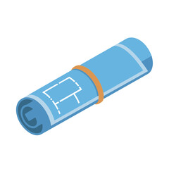 Rolled blueprint with a rubber band on white background.