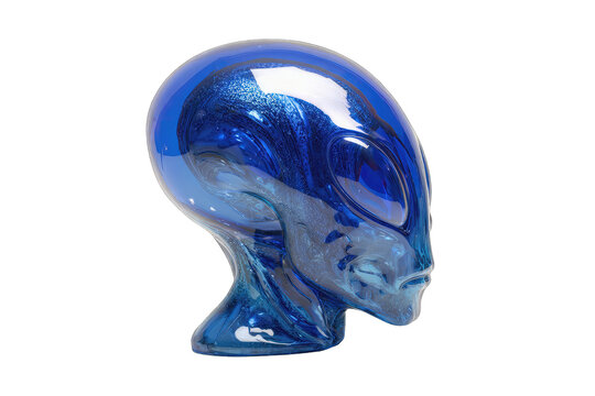 Blue alien head sculpture, profile view