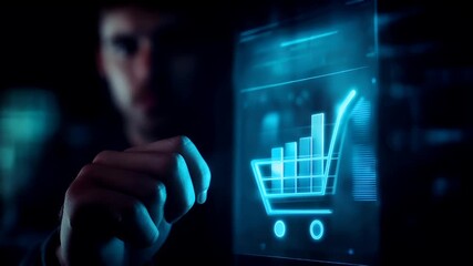 A closeup of a persons hand touching a digital screen with a shopping cart icon. The hand is illuminated with a blue hue, contrasting with the dark background.