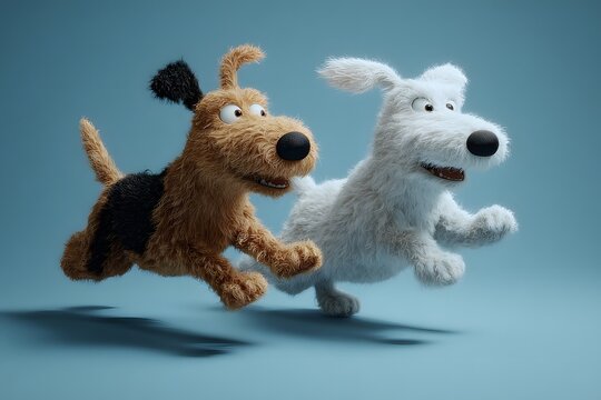 Two joyful fluffy cartoon dogs a brown terrier and a white companion running happily in mid-air.