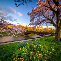 Obraz premium Spring blossoms over a river and city skyline