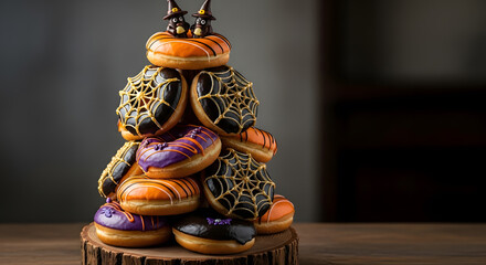 Halloween donut tower: donuts with orange, purple and black frosting, some with sugar cobwebs, chocolate witches on top, rustic wooden stand, dramatic studio lighting.