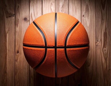 Overhead view of an orange basketball on a wooden surface