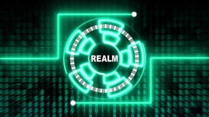 Neon Green Circular Interface with Digital Data Stream and REALM Text abstract background - Powered by Adobe