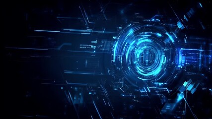 A highresolution digital artwork depicting a futuristic digital environment. The main subject is a glowing, circular digital interface with intricate details.