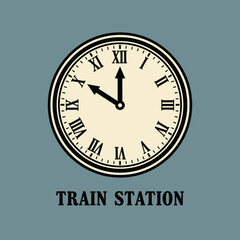 Clock with roman numerals reads ten o'clock above the words "train station".