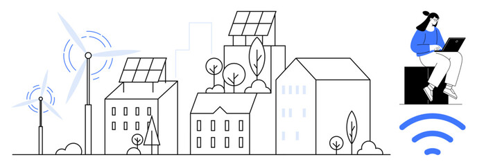 Urban landscape featuring buildings with solar panels, wind turbines, trees, connected individual using laptop, and wireless signal. Ideal for eco-living, technology, innovation, smart cities