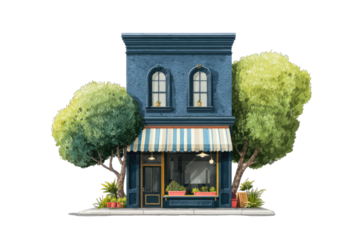 Charming storefront building with trees and awning