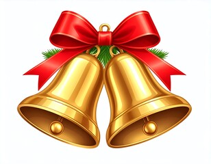Two golden Christmas bells with a red ribbon bow and green sprigs