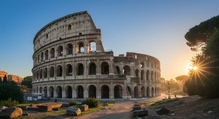 Fototapeta premium Ancient grandeur of the Colosseum: Witness the majestic Colosseum bathed in the warm glow of dawn, a testament to architectural prowess and historical significance, evoking a sense of awe and wonder.