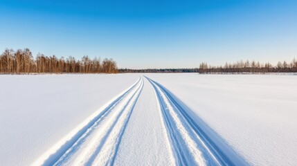 Naklejka premium Snowmobile creating a trail on a beautiful snowy field in winter, with a forest and blue sky in the background
