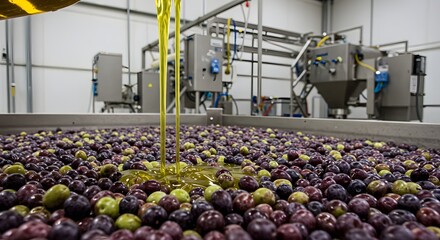 Olive Oil Production: An up-close shot captures the essence of the olive oil production process, showcasing a large quantity of olives as they go through extraction