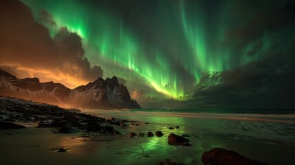 Naklejka premium Aurora Borealis: Witness the mesmerizing spectacle of the Northern Lights dance across the night sky, casting an ethereal glow over a tranquil coastal landscape.