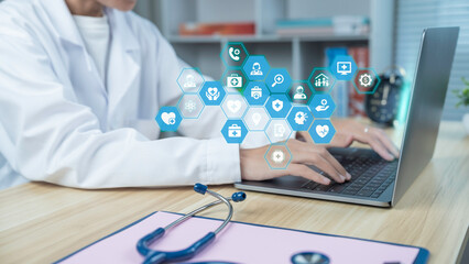 Doctor typing on laptop with digital healthcare interface icons medical technology AI innovation data analysis patient care system futuristic health monitoring virtual diagnostics