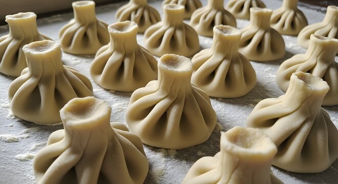 Khinkali Dumplings: An inviting top-down perspective showcases rows of freshly prepared khinkali dumplings, promising a rich and satisfying culinary experience.