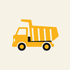 Yellow dump truck illustration on a beige background.