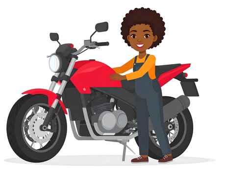 Woman inspecting motorcycle