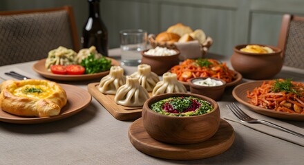 Gastronomic Display: An enticing array of various savory dishes artfully arranged on a rustic wooden table, ready to stimulate appetites with a visual symphony of textures, aromas, and flavors.