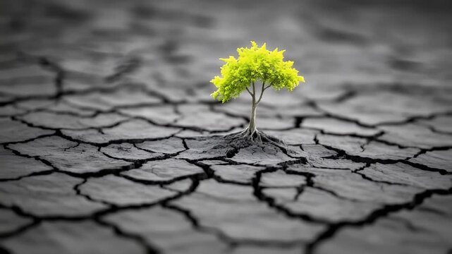 Drought, dry environment. A solitary tree stands in the middle of a cracked earth surface, its vibrant green leaves contrasting starkly with the earths grayish hue.