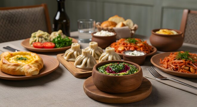 Gastronomic Display: An enticing array of various savory dishes artfully arranged on a rustic wooden table, ready to stimulate appetites with a visual symphony of textures, aromas, and flavors.