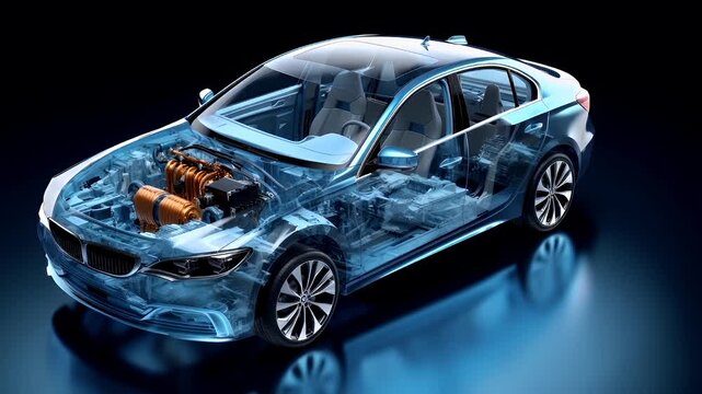 car cutaway view with internal combustion engine highlighted in transparent material, revealing detailed mechanical components. The cars design is sleek and modern.