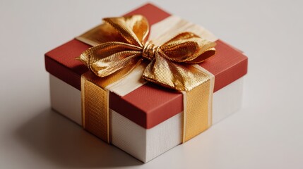 Obraz premium Gift Box's Radiance: A beautifully presented gift box, adorned with a luxurious golden bow and ribbon, rests invitingly, promising a special moment.