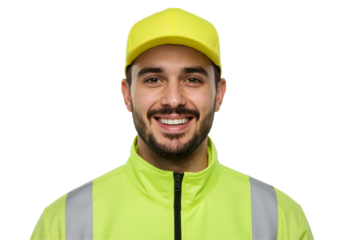 Radiant Man in Yellow Gear A Cheerful Portrait of Modern Labor Professionalism