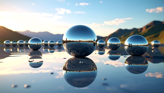 Polished metallic spheres, mirroring a serene landscape, are balanced on a placid water surface, creating a tranquil and visually captivating scene.