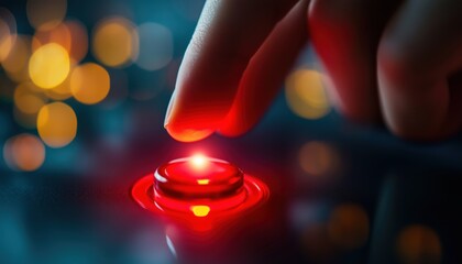 Hand Pressing Red Start Button On Touch Screen With Finger. The Act Of Initiating An Action By Pressing The Red Button.