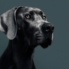 Majestic grey Great Dane portrait with soulful amber eyes and a noble attentive gaze.
