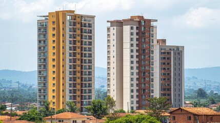 Two tall residential buildings stand amidst a cityscape.