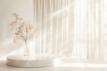 Elegant Minimalist Product Display Platform with Dried Flowers and Soft Light Background for Presentation or Branding Scene