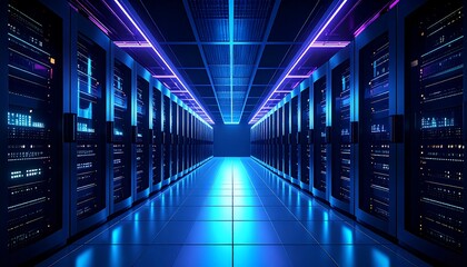 Fototapeta premium A vast server room, illuminated by vibrant blue and purple lights, showcasing rows of powerful computer servers.