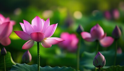 Obraz premium Continuous Bloom Of Lotus Flower: A Never-Ending Display Of Beauty And Elegance. Lotus Flower In Constant Bloom: Endless Beauty Unfolding