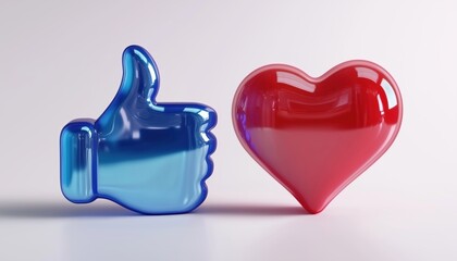 Interact With Live Stream Video And Chat With Blue Thumb Up And Red Heart Web Buttons On White Background. Social Networking Illustration