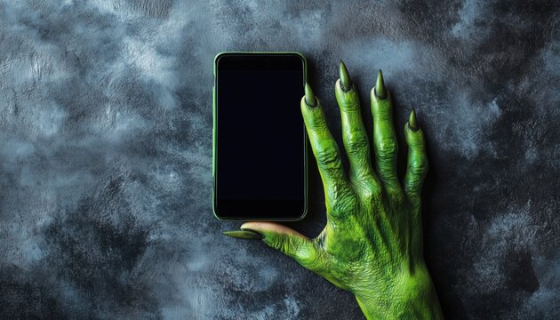 Green Monster Hand Holding Smartphone With Empty Space On Grey Background: Halloween, Tradition, And Celebration Captured In Vertical Image.