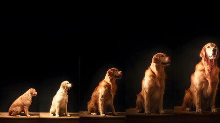 Golden Retriever life cycle showing five stages of growth from puppy to adult dog A composite studio portrait with dramatic lighting on its golden fur.