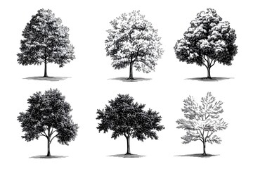 Fototapeta premium Stylized vector line drawing of trees in black and white, isolated on a plain white background.