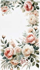 A soft watercolor floral frame design in a tall vertical format, featuring blush pink and cream roses and peonies surrounded by delicate green foliage. 