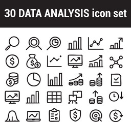 Fototapeta premium A collection of thirty data analysis icons including graphs charts and financial symbols in black and white