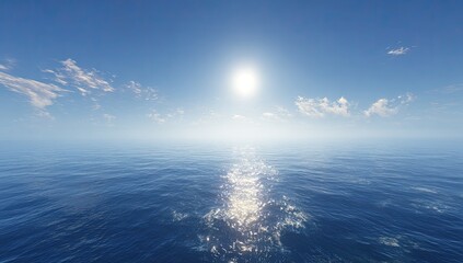 Serene seascape with a bright sun reflecting on calm, blue waters under a clear sky with scattered, fluffy white clouds