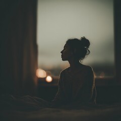 A silhouette of a woman sitting in a dimly lit room, gazing out a window, creating a serene and introspective atmosphere.