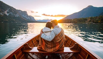 A romantic couple enjoys a serene sunset cruise on a wooden boat on a tranquil lake, surrounded by picturesque mountains.
