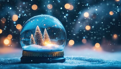 Elegant Christmas Snow Globe In Evening Night Wishes With Falling Snow And Soft Focus Blue Abstract Background. A Beautiful Winter Scene.