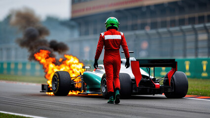 Racer in red uniform walking away from burning Formula 1 car on track