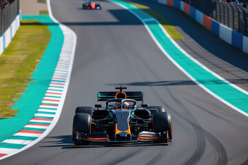 Formula 1 car races around curved track during intense motorsport competition