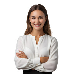 Professional headshot of smiling businesswoman in white blouse with arms crossed on transparent background